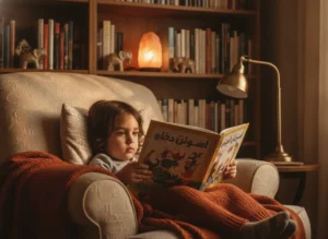 how long to learn arabic for kids
to kids sittting on the sofa and read arabic book