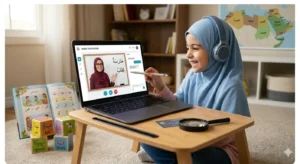 FEMALE TEACHER AND YOUNG STUDENT LEARNING ARABIC ONLINE online arabic tutor for kids
